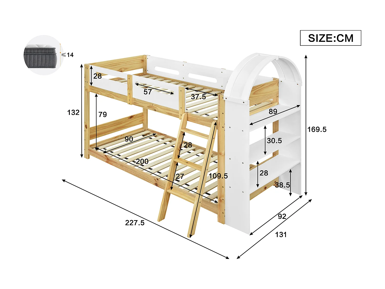 Lits superposé 90x200cm - avec des étagères - avec rambarde et échelle - Bois massif + MDF - Blanc +Naturel (sans matelas)