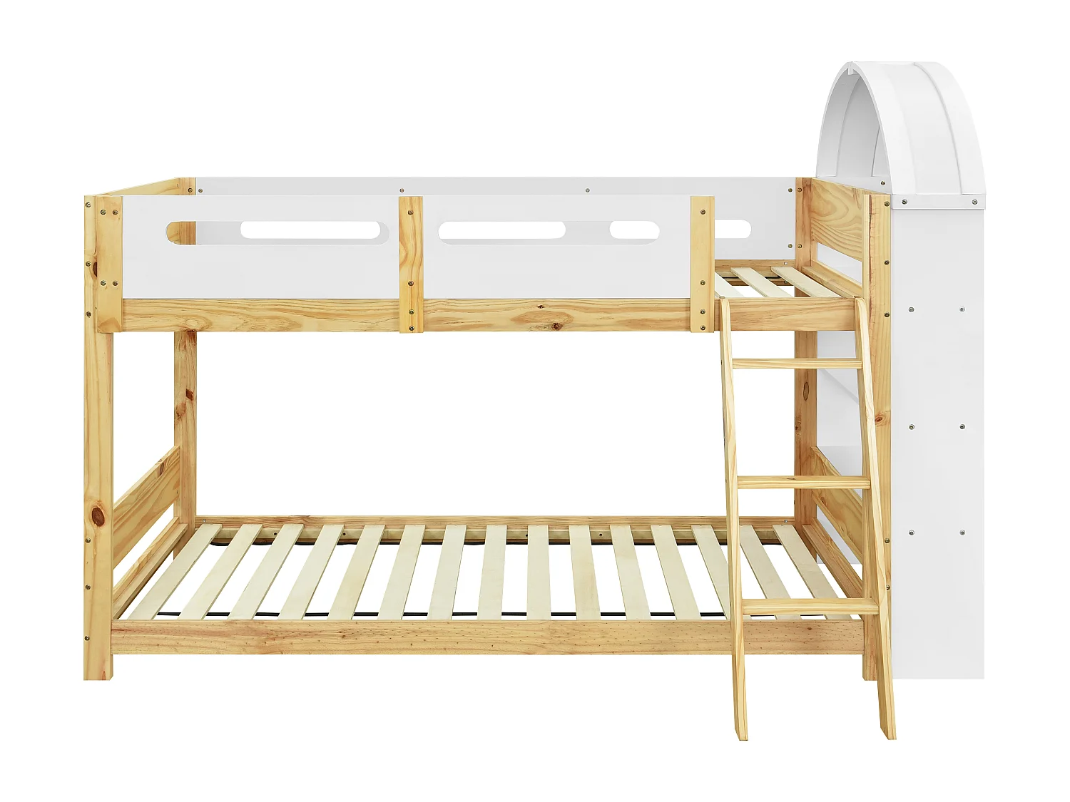 Lits superposé 90x200cm - avec des étagères - avec rambarde et échelle - Bois massif + MDF - Blanc +Naturel (sans matelas)