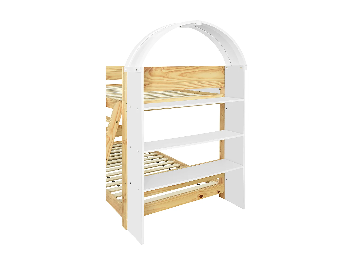 Lits superposé 90x200cm - avec des étagères - avec rambarde et échelle - Bois massif + MDF - Blanc +Naturel (sans matelas)