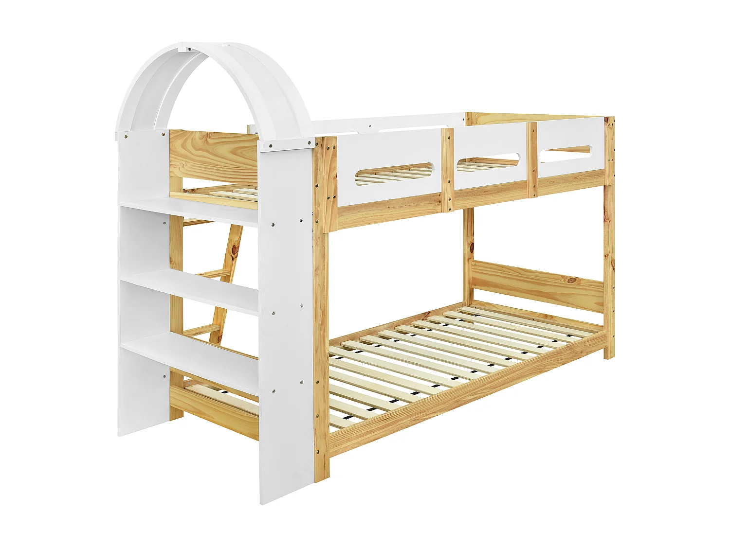 Lits superposé 90x200cm - avec des étagères - avec rambarde et échelle - Bois massif + MDF - Blanc +Naturel (sans matelas)