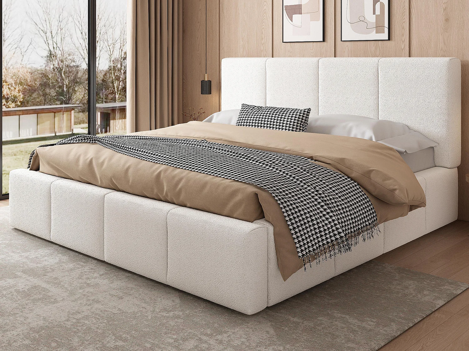 Dobbeltseng med polstring 180x200 cm - med lamelbund - Bouclé stof - Beige (madras medfølger ikke)