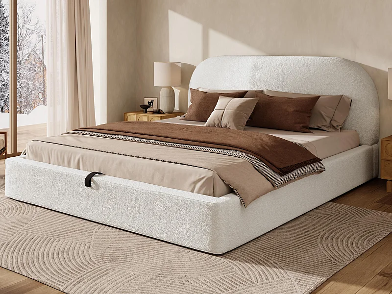 Letto contenitore imbottito 180x200cm - Ampio spazio di riporre - Tessuto riccio - Beige (senza materasso)