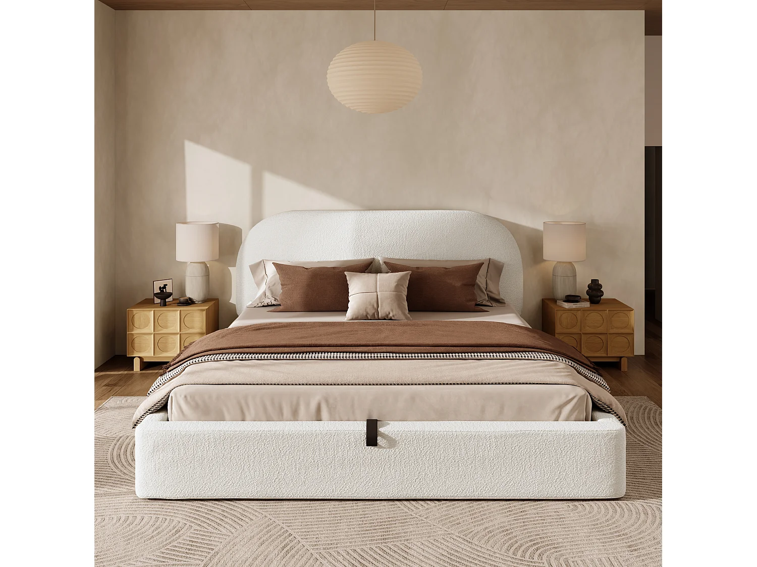 Gepolstertes Stauraumbett 180x200cm - Großer Stauraum - Bouclé-Stoff - Beige (ohne Matratze)