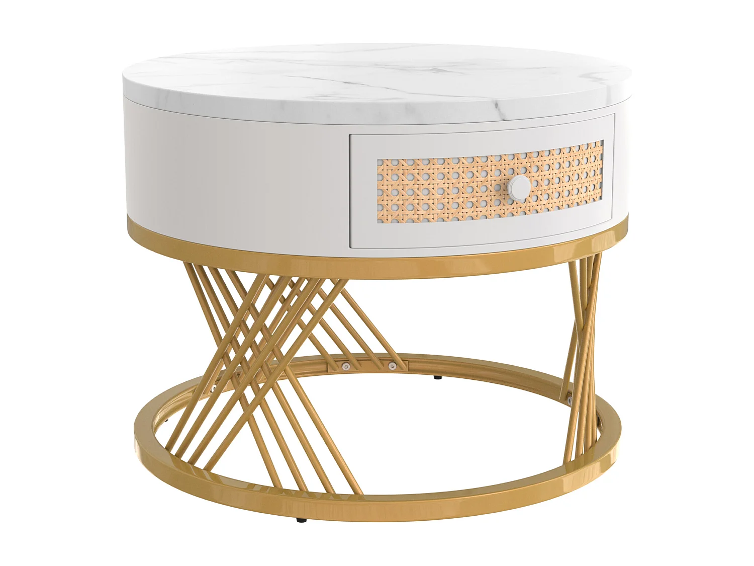 Set di 2 tavolini rotondi 2 in 1 - Struttura in metallo dorato / cassetto in rattan - Bianco