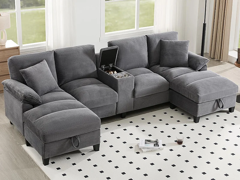 U-förmige Ecksofa 4-Sitzer - mit Stauraum - Getränkehalter inklusive - 2 USB-Anschlüsse - grau