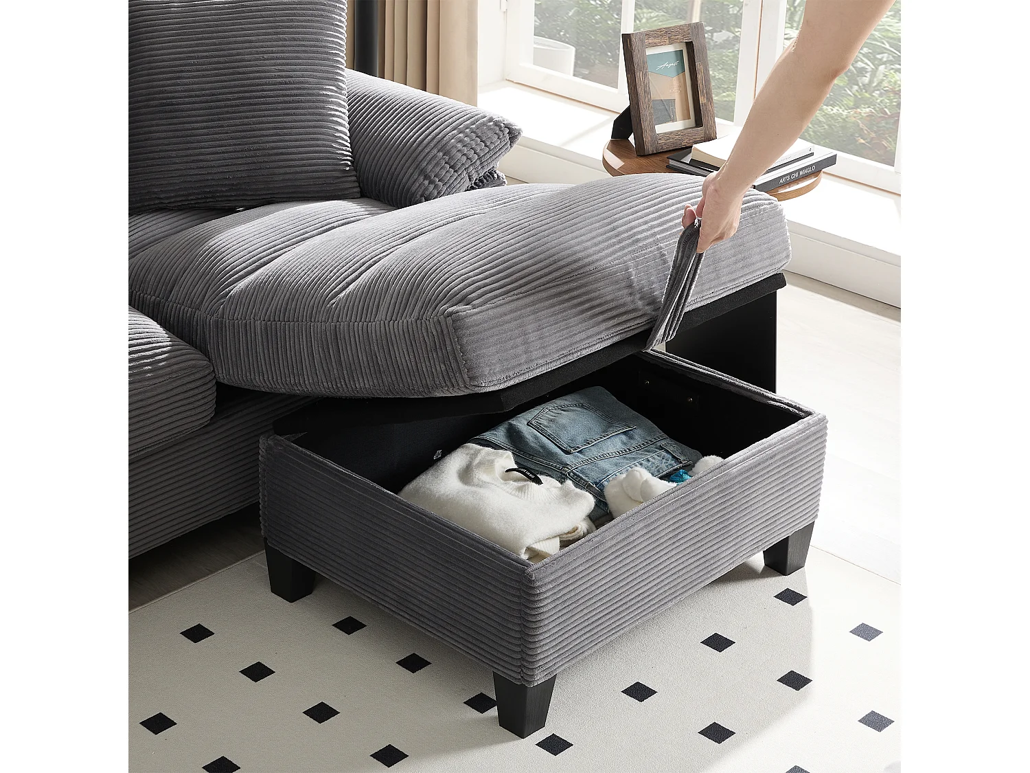 Canapé d'angle 4 places en forme de U - avec espace de rangement - porte-gobelet inclus - 2 ports USB - gris