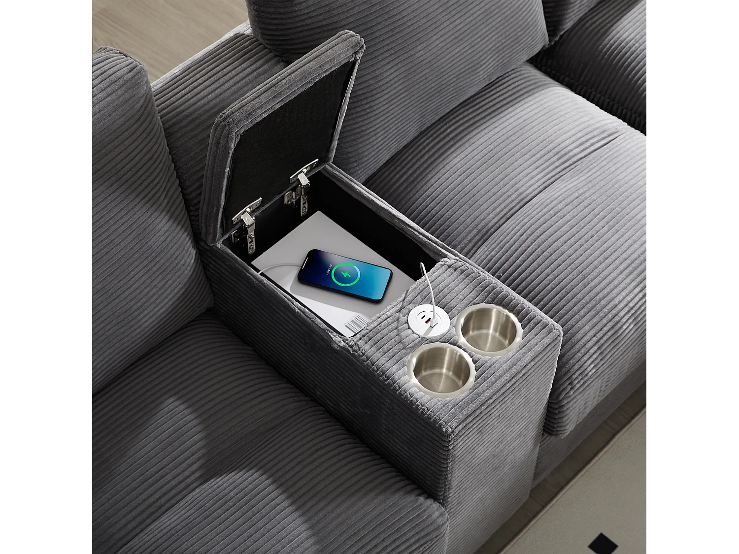 Canapé d'angle 4 places en forme de U - avec espace de rangement - porte-gobelet inclus - 2 ports USB - gris