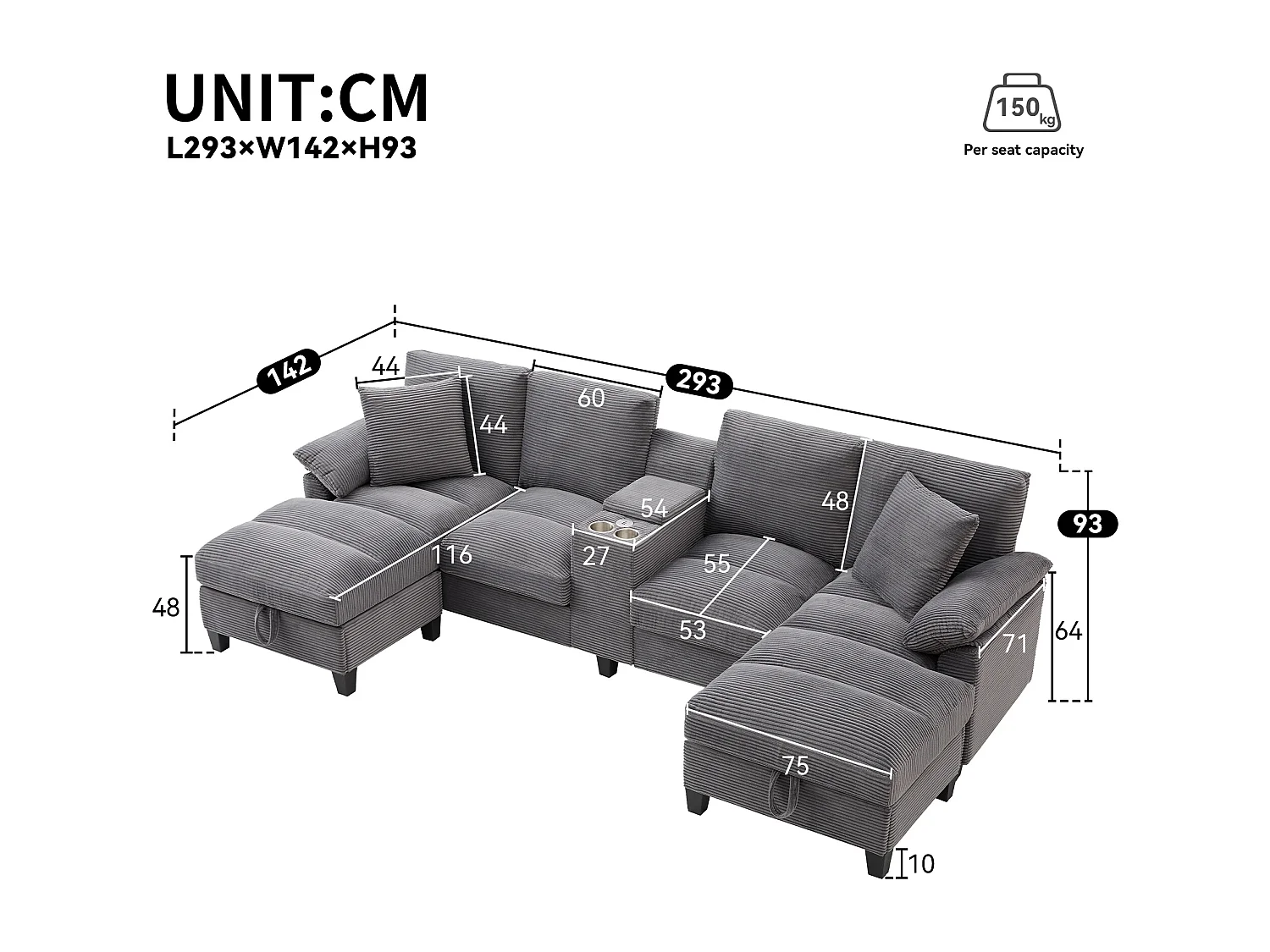 Canapé d'angle 4 places en forme de U - avec espace de rangement - porte-gobelet inclus - 2 ports USB - gris