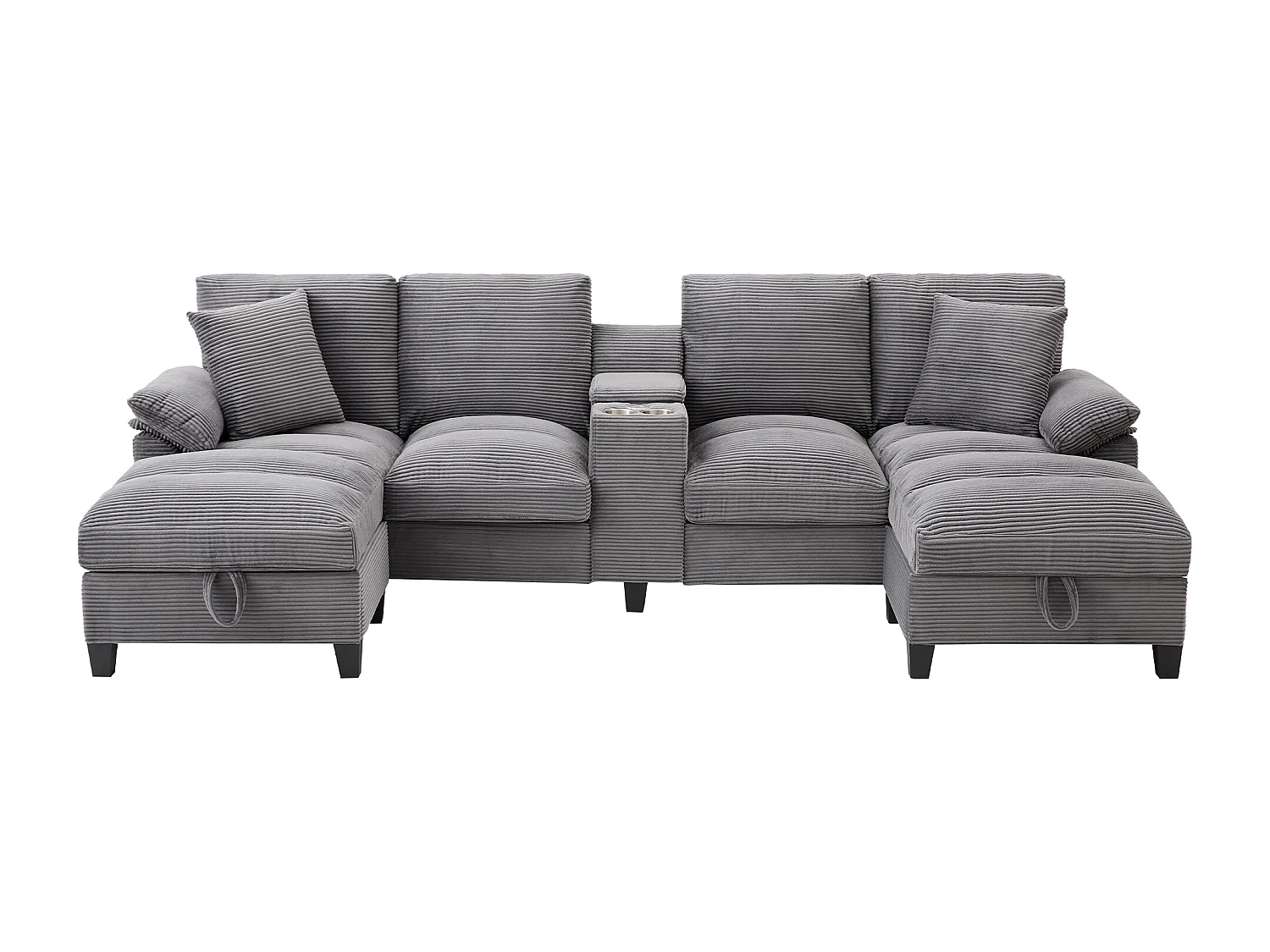 Canapé d'angle 4 places en forme de U - avec espace de rangement - porte-gobelet inclus - 2 ports USB - gris