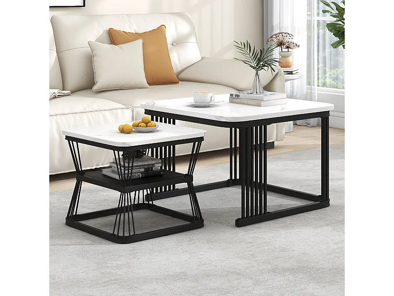 Conjunto de 2 mesas de centro com espaço de armazenamento para sala de estar, estrutura de metal, preto e branco.