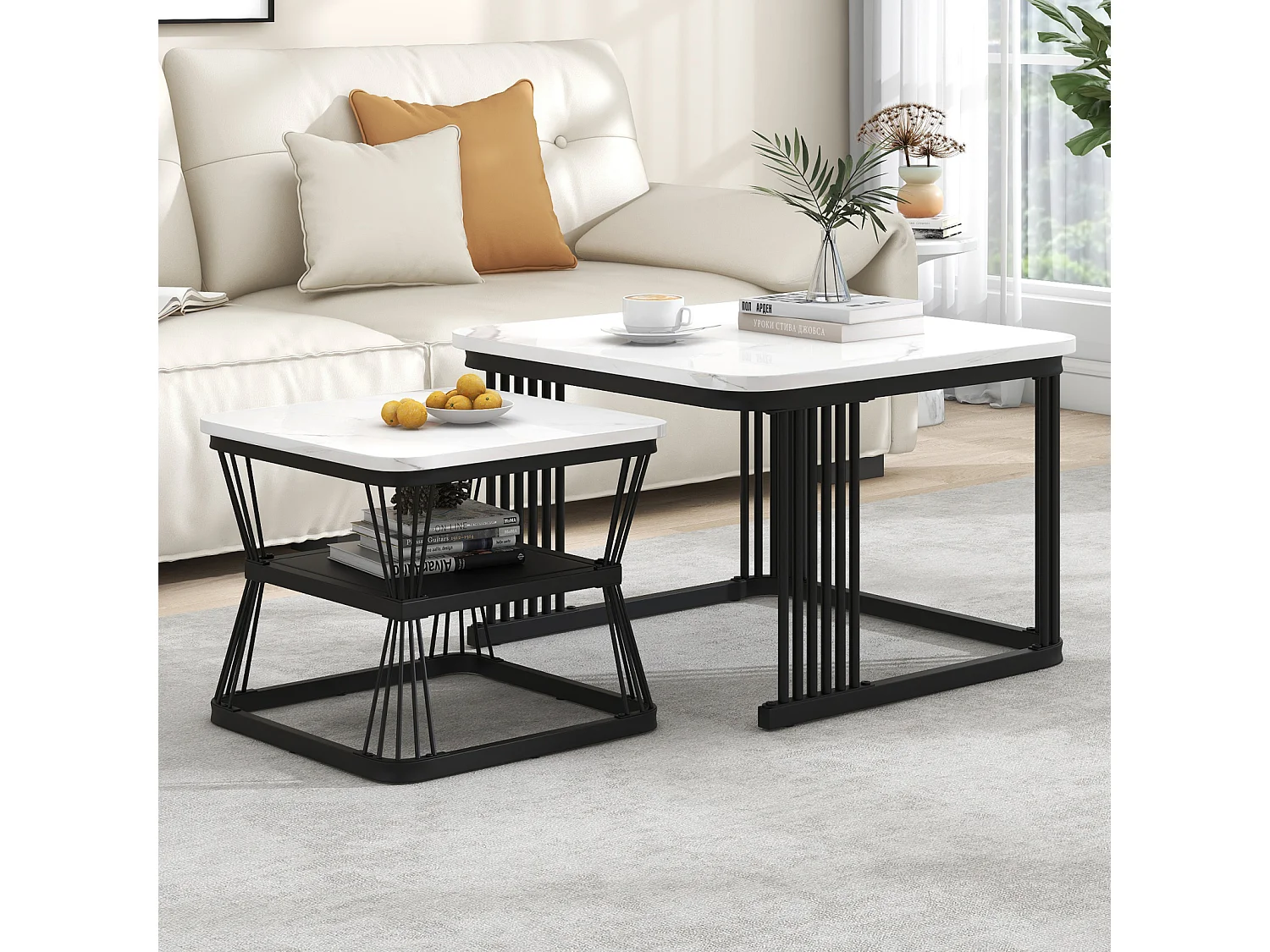 Conjunto de 2 mesas de centro com espaço de armazenamento para sala de estar, estrutura de metal, preto e branco.