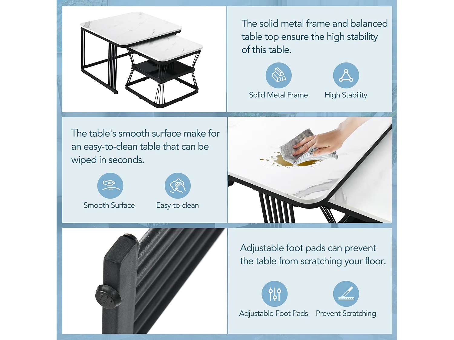 Conjunto de 2 mesas de centro com espaço de armazenamento para sala de estar, estrutura de metal, preto e branco.