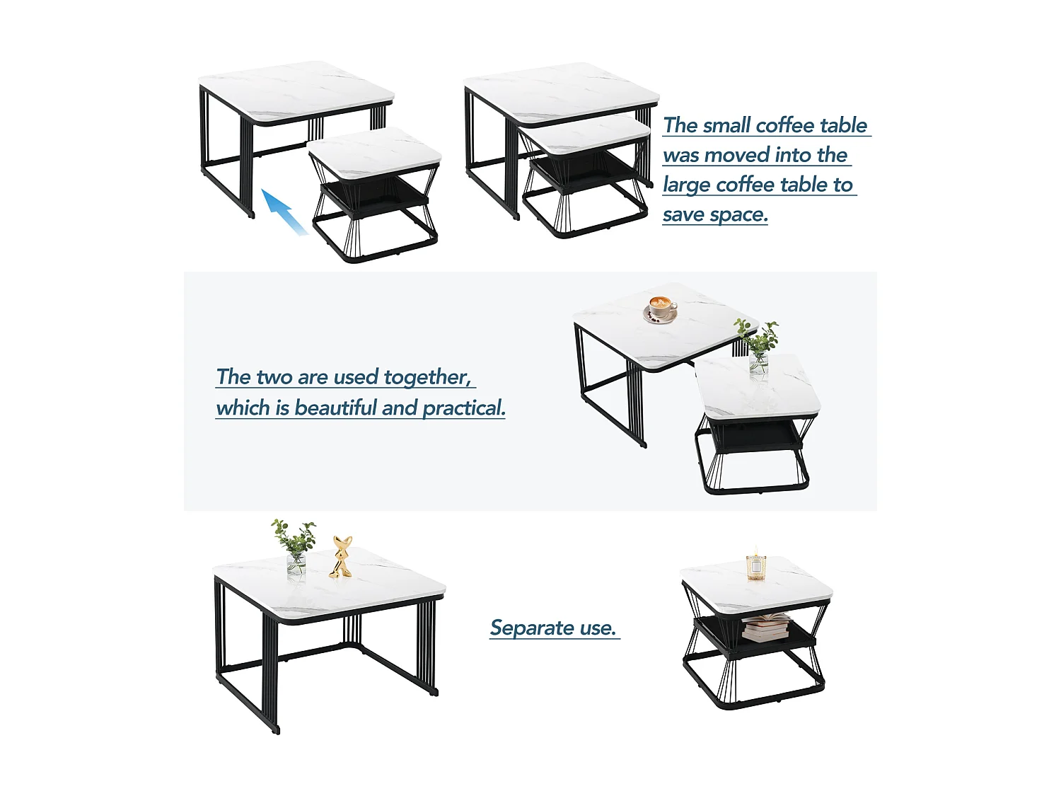 Conjunto de 2 mesas de centro com espaço de armazenamento para sala de estar, estrutura de metal, preto e branco.