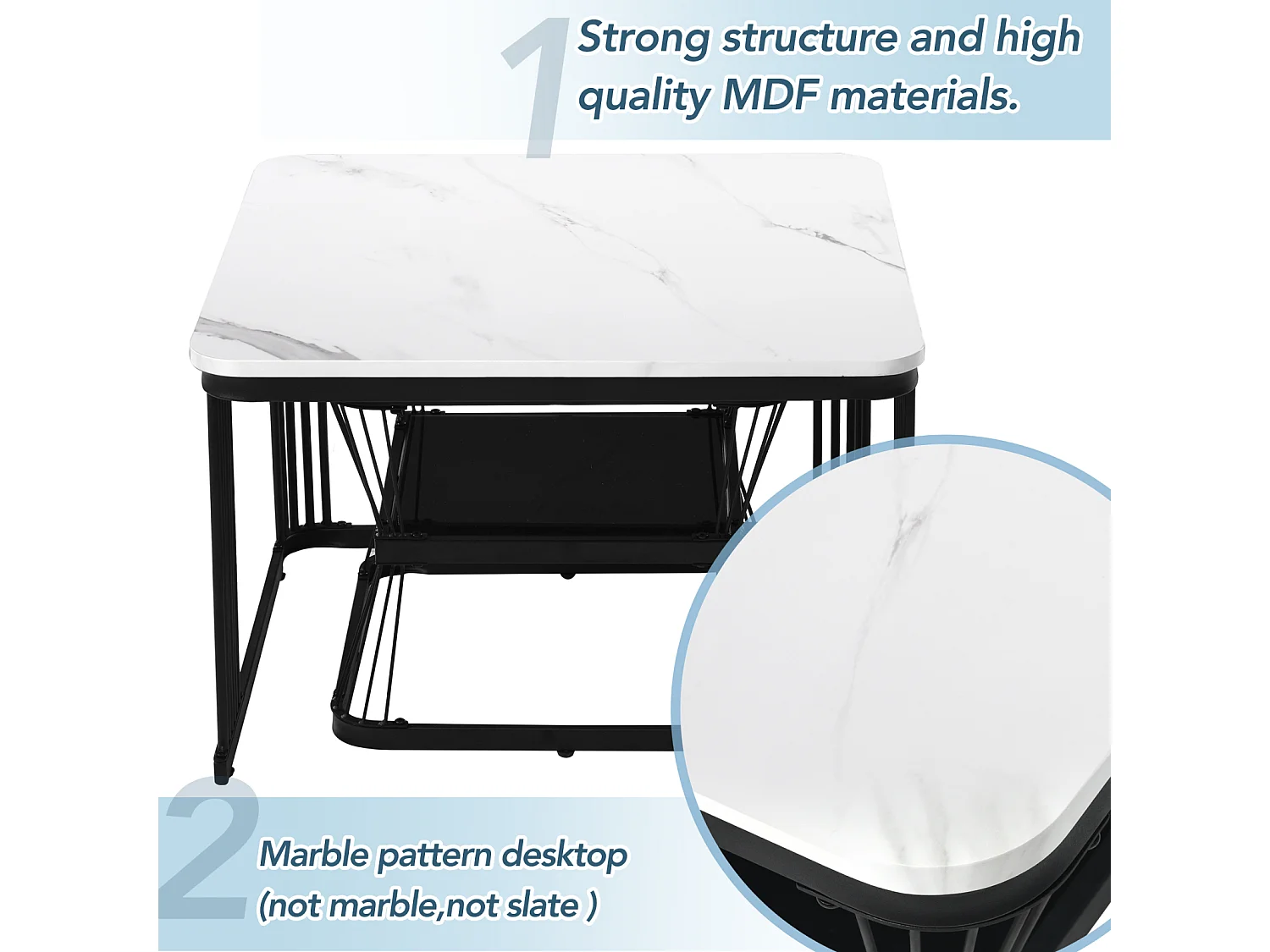 Conjunto de 2 mesas de centro com espaço de armazenamento para sala de estar, estrutura de metal, preto e branco.