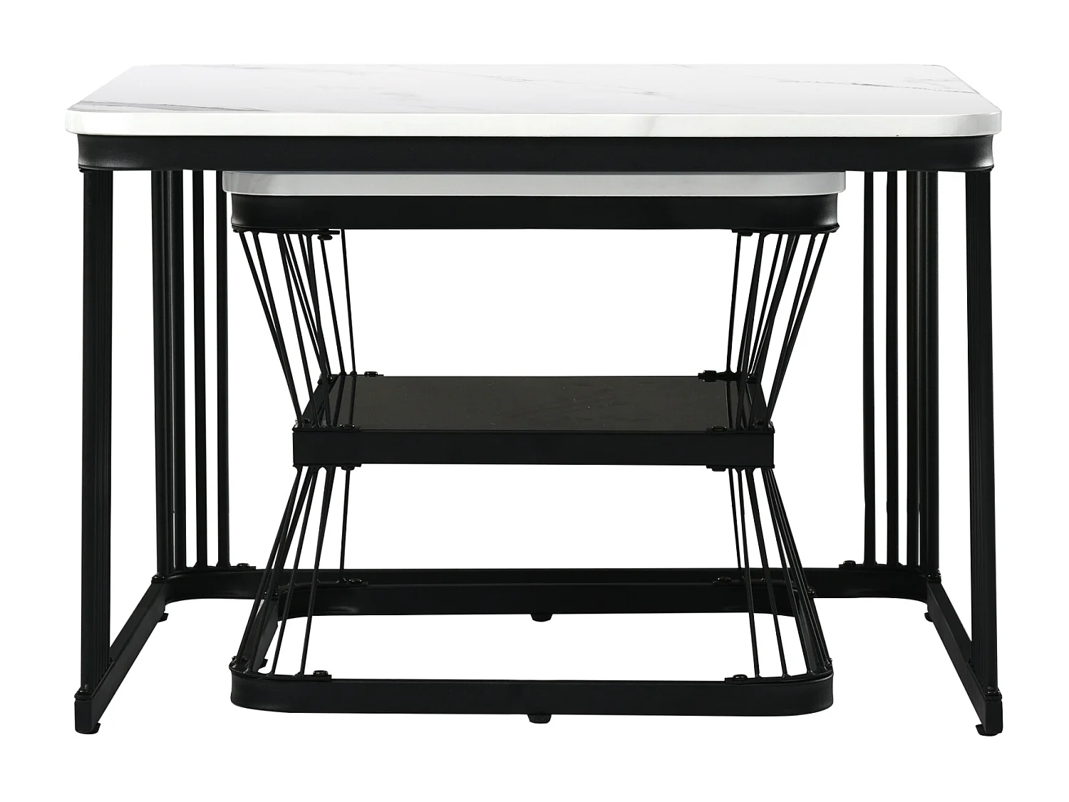 Conjunto de 2 mesas de centro com espaço de armazenamento para sala de estar, estrutura de metal, preto e branco.