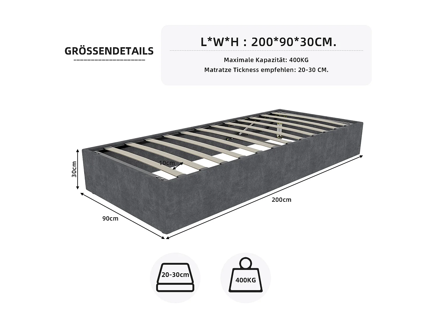 Nowoczesna rama łóżka 90x200 cm, szary welur, z podnośnikiem gazowym, meble nowoczesne, bez zagłówka i materaca