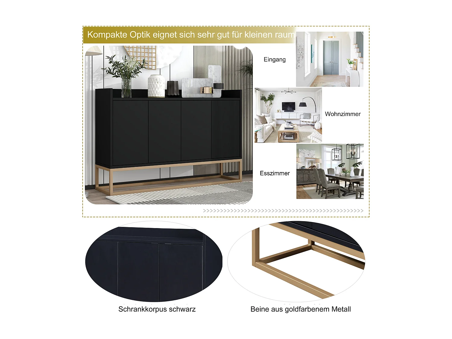 Nowoczesna komoda 120 x 30 x 80 cm - Komoda w stylu minimalistycznym z 4 drzwiami - czarna