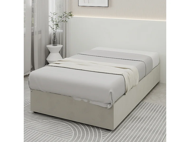 Struttura letto minimalista 90x200 cm, velluto beige, con pistoni a gas, arredamento moderno, senza testiera e materasso