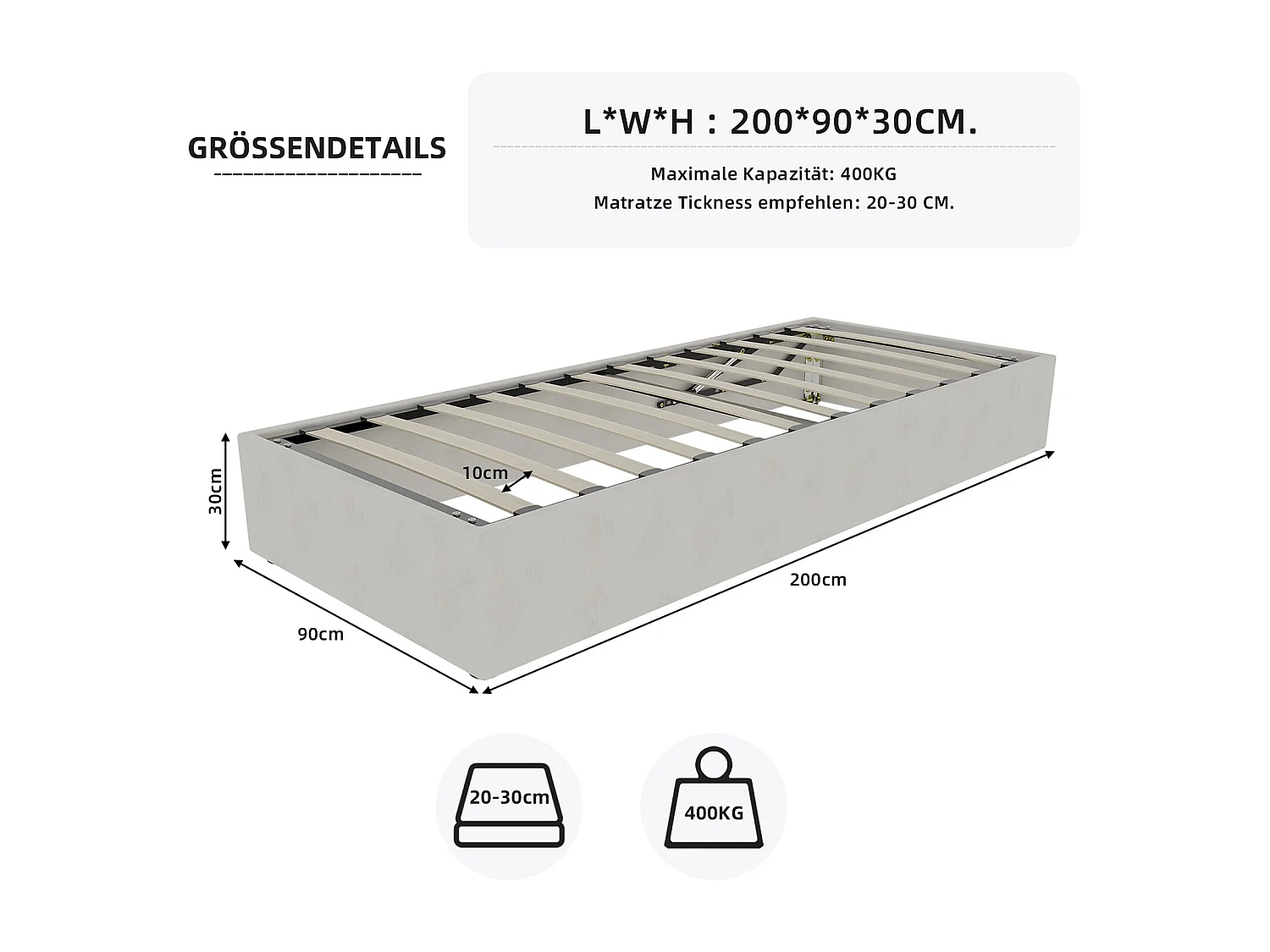 Struttura letto minimalista 90x200 cm, velluto beige, con pistoni a gas, arredamento moderno, senza testiera e materasso