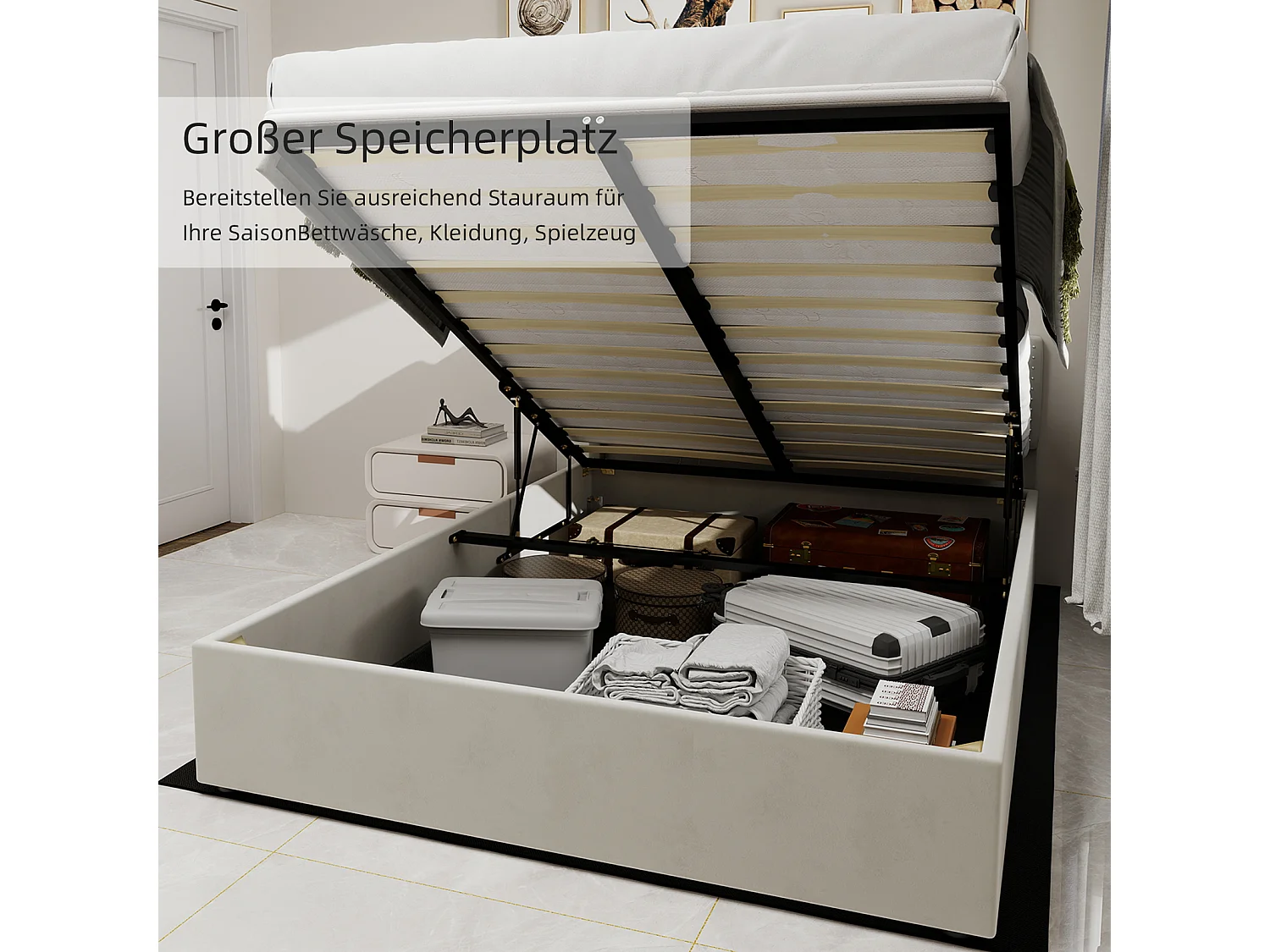 Struttura letto minimalista 90x200 cm, velluto beige, con pistoni a gas, arredamento moderno, senza testiera e materasso