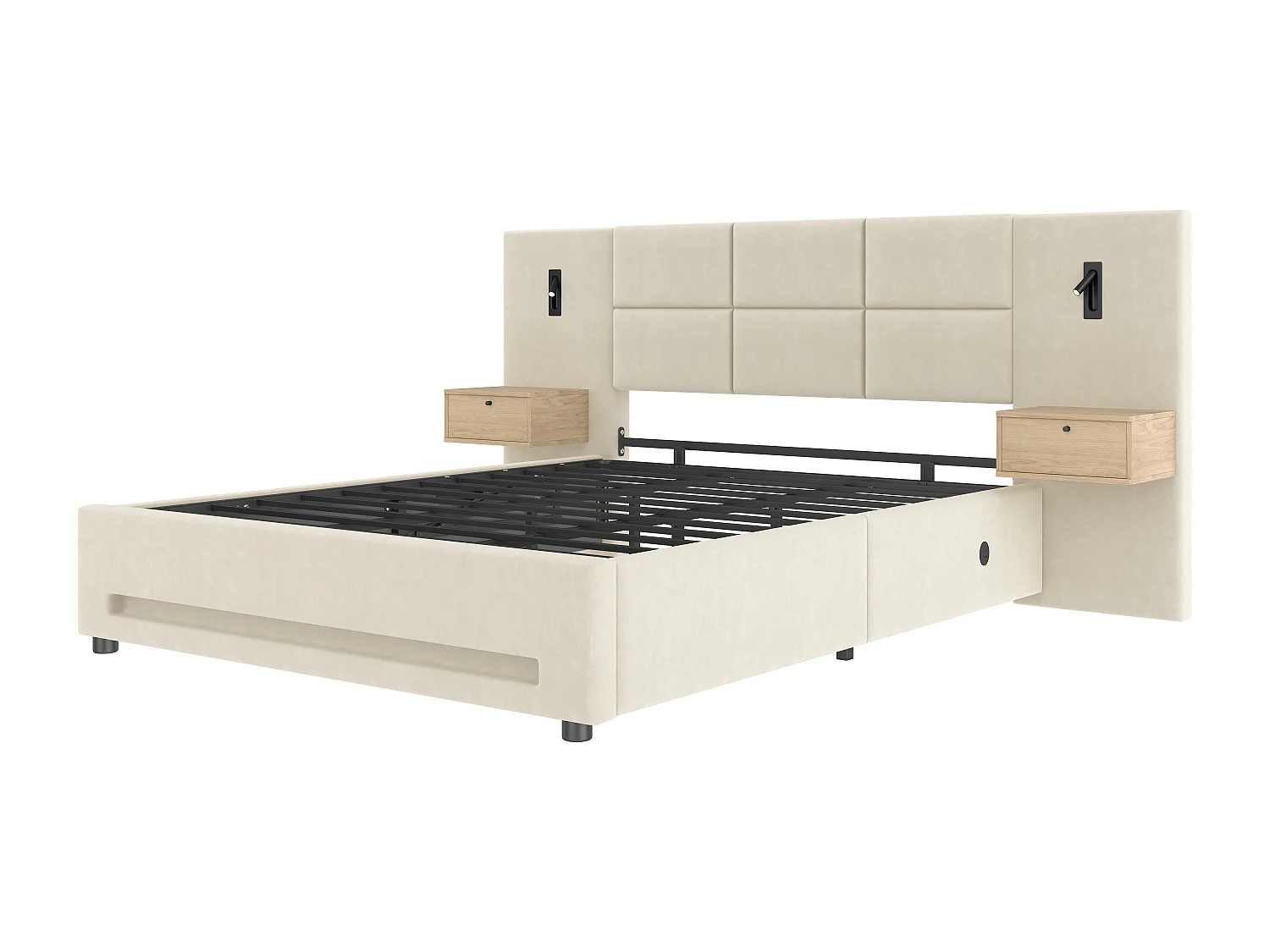 Letto europeo 180x200 cm con testiera in velluto, cassetti, illuminazione a LED, porte USB-C, contenitore idraulico, struttura in metallo (200 kg)