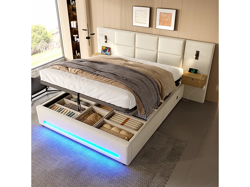 Lit européen 180x200 cm avec tête de lit en velours, tiroirs, éclairage LED, ports USB-C, rangement hydraulique, cadre métallique (200 kg)