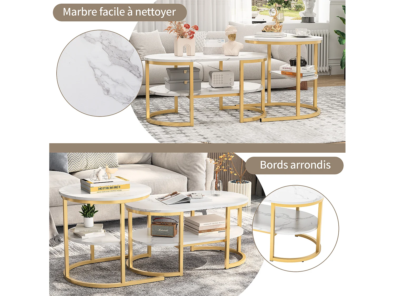 Conjunto de 2 mesas de centro redondas e ovais com espaço de armazenamento, efeito mármore, branco e dourado.