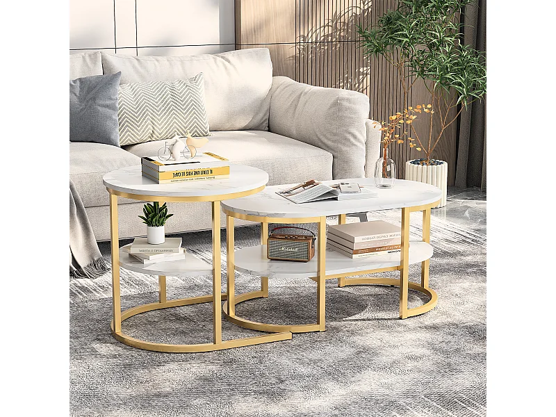 Conjunto de 2 mesas de centro redondas e ovais com espaço de armazenamento, efeito mármore, branco e dourado.