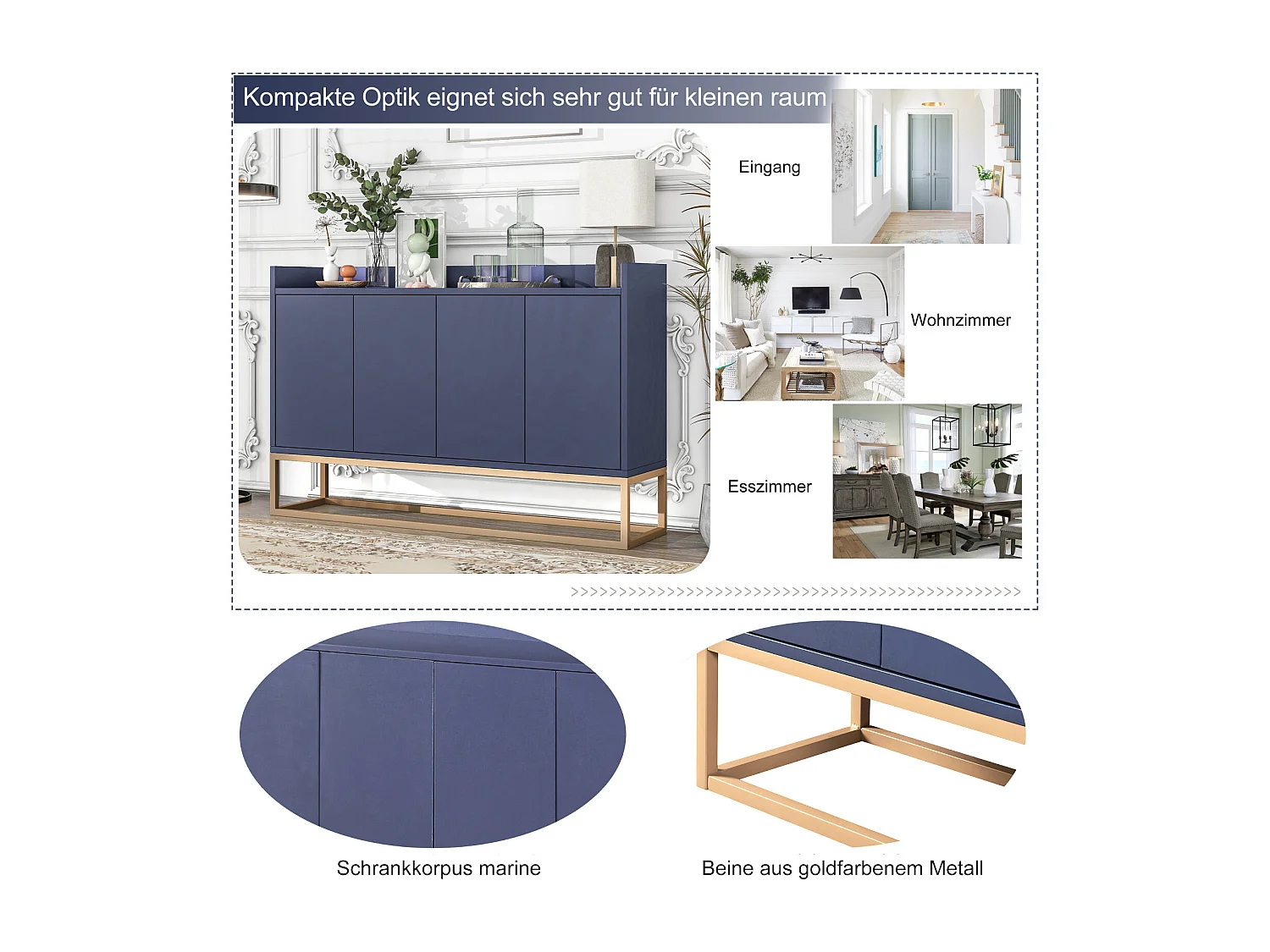 Nowoczesna komoda 120 x 30 x 80 cm - Komoda w stylu minimalistycznym z 4 drzwiami - granatowa