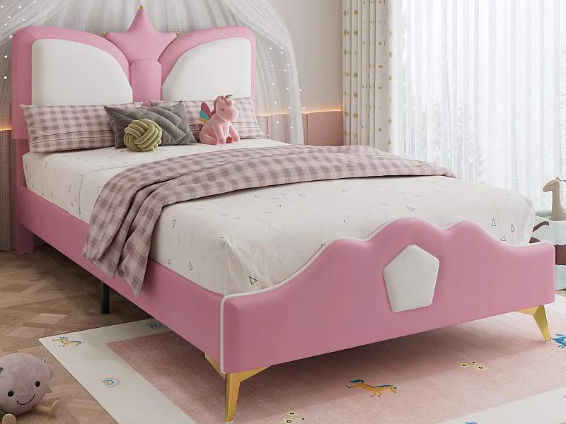 Lit enfant rembourré 90x200 cm - tête de lit en forme de couronne - avec sommier à lattes - PU - Rose + Blanc (sans matelas)