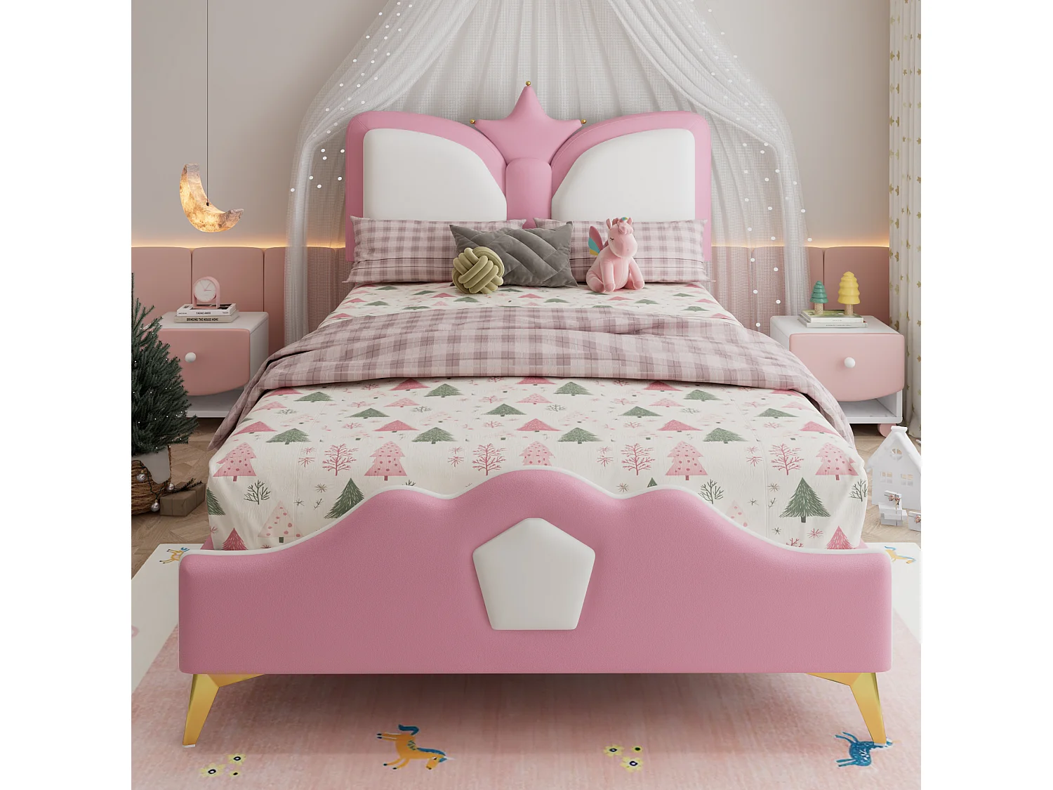 Lit enfant rembourré 90x200 cm - tête de lit en forme de couronne - avec sommier à lattes - PU - Rose + Blanc (sans matelas)