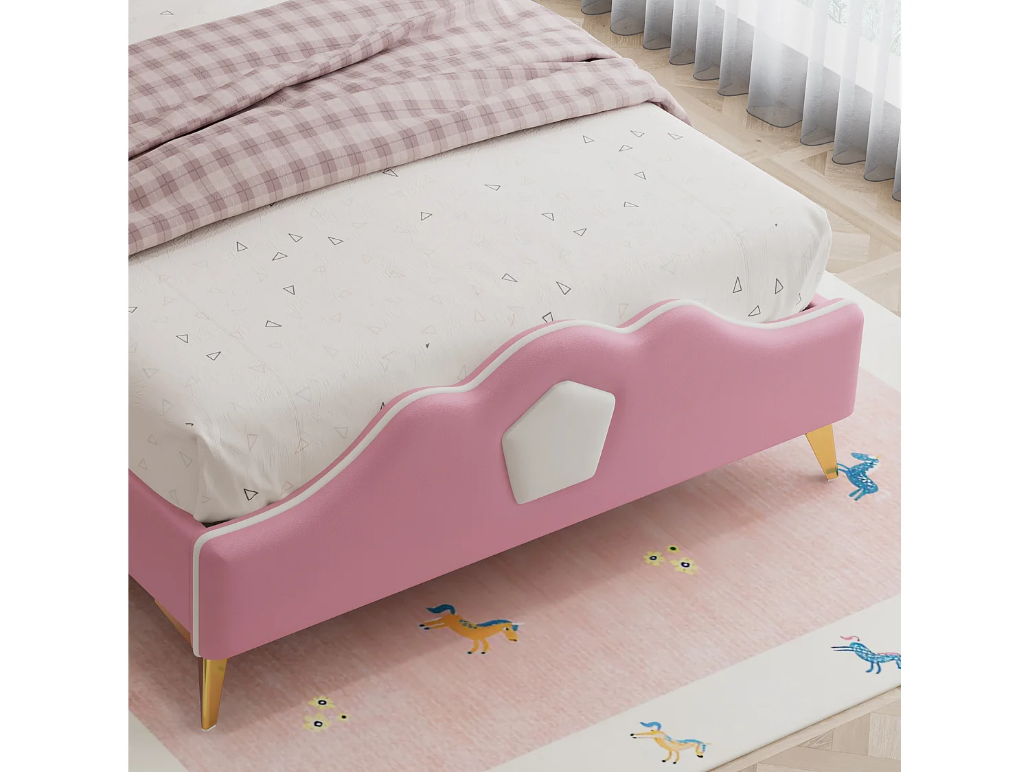 Lit enfant rembourré 90x200 cm - tête de lit en forme de couronne - avec sommier à lattes - PU - Rose + Blanc (sans matelas)