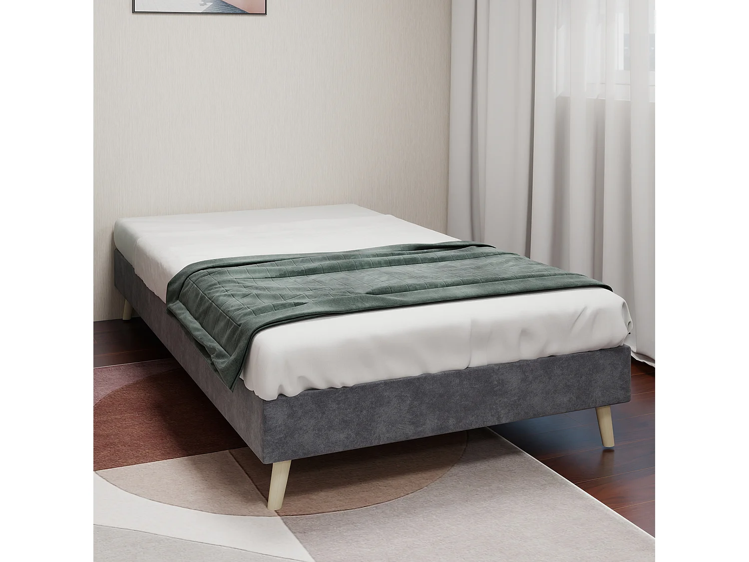 Struttura letto minimalista 90x200 cm, velluto grigio, base bassa, arredamento moderno, senza meccanismo di sollevamento a gas, testiera e materasso