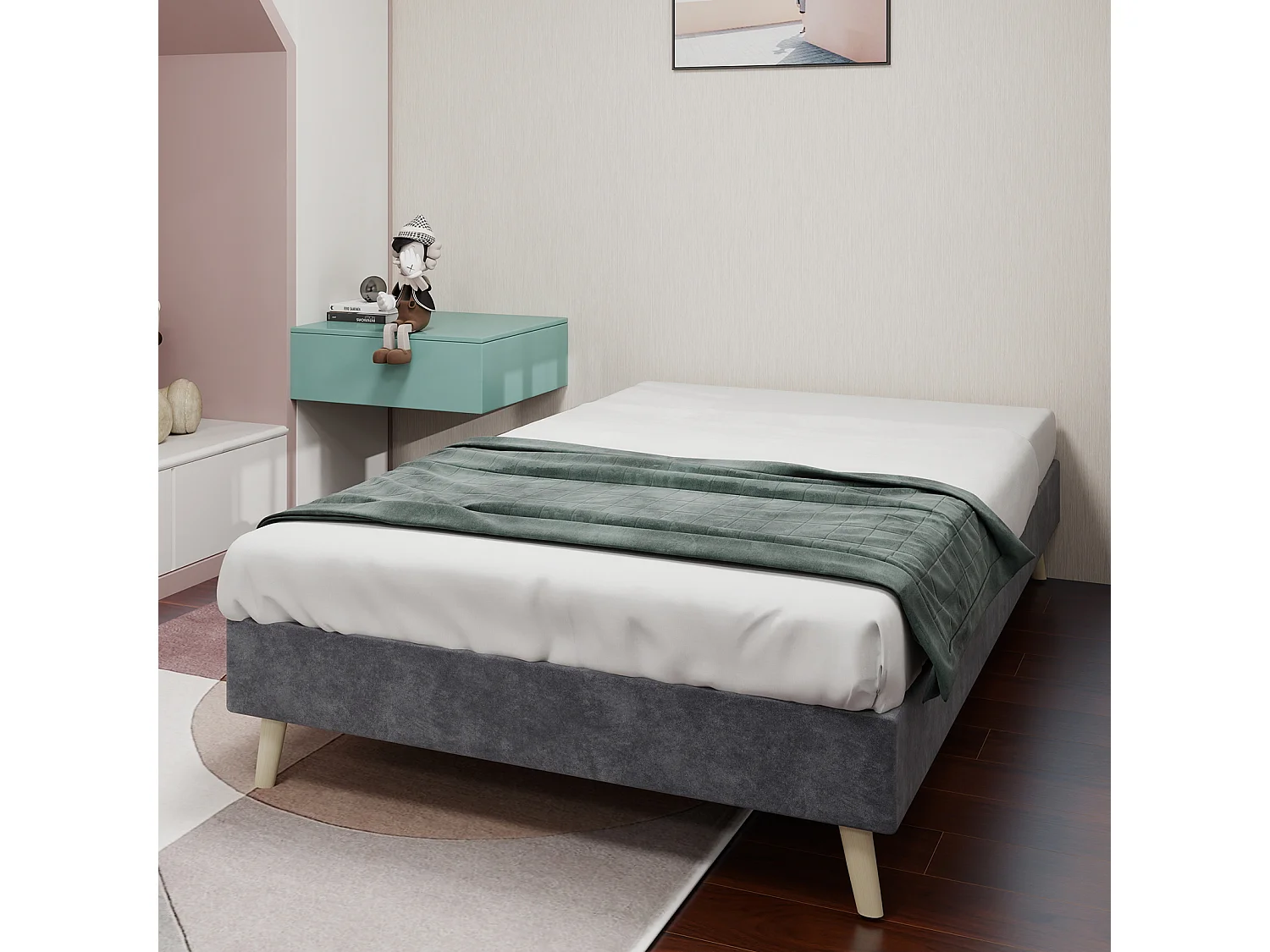 Struttura letto minimalista 90x200 cm, velluto grigio, base bassa, arredamento moderno, senza meccanismo di sollevamento a gas, testiera e materasso