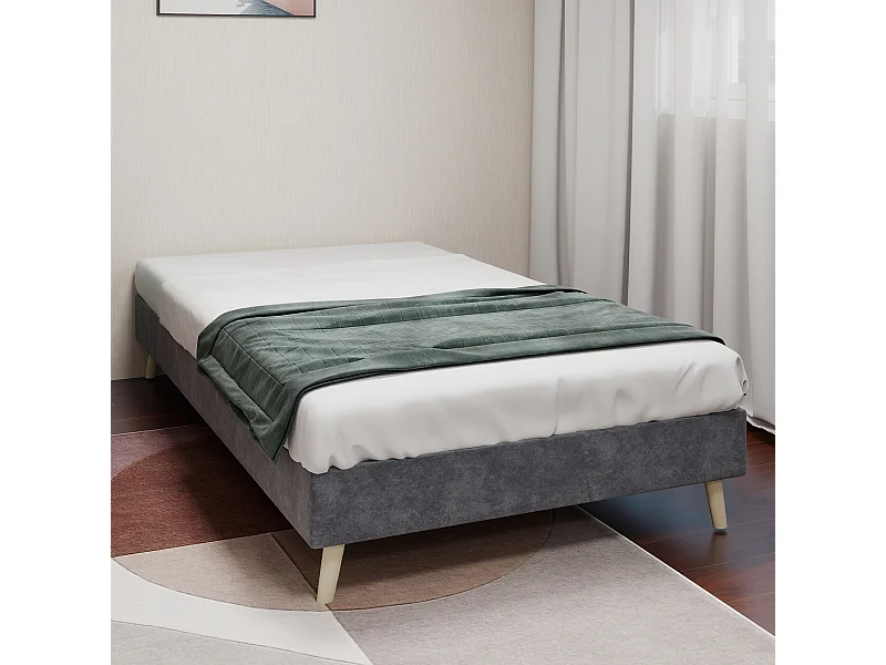Struttura letto minimalista 90x200 cm, velluto grigio, base bassa, arredamento moderno, senza meccanismo di sollevamento a gas, testiera e materasso