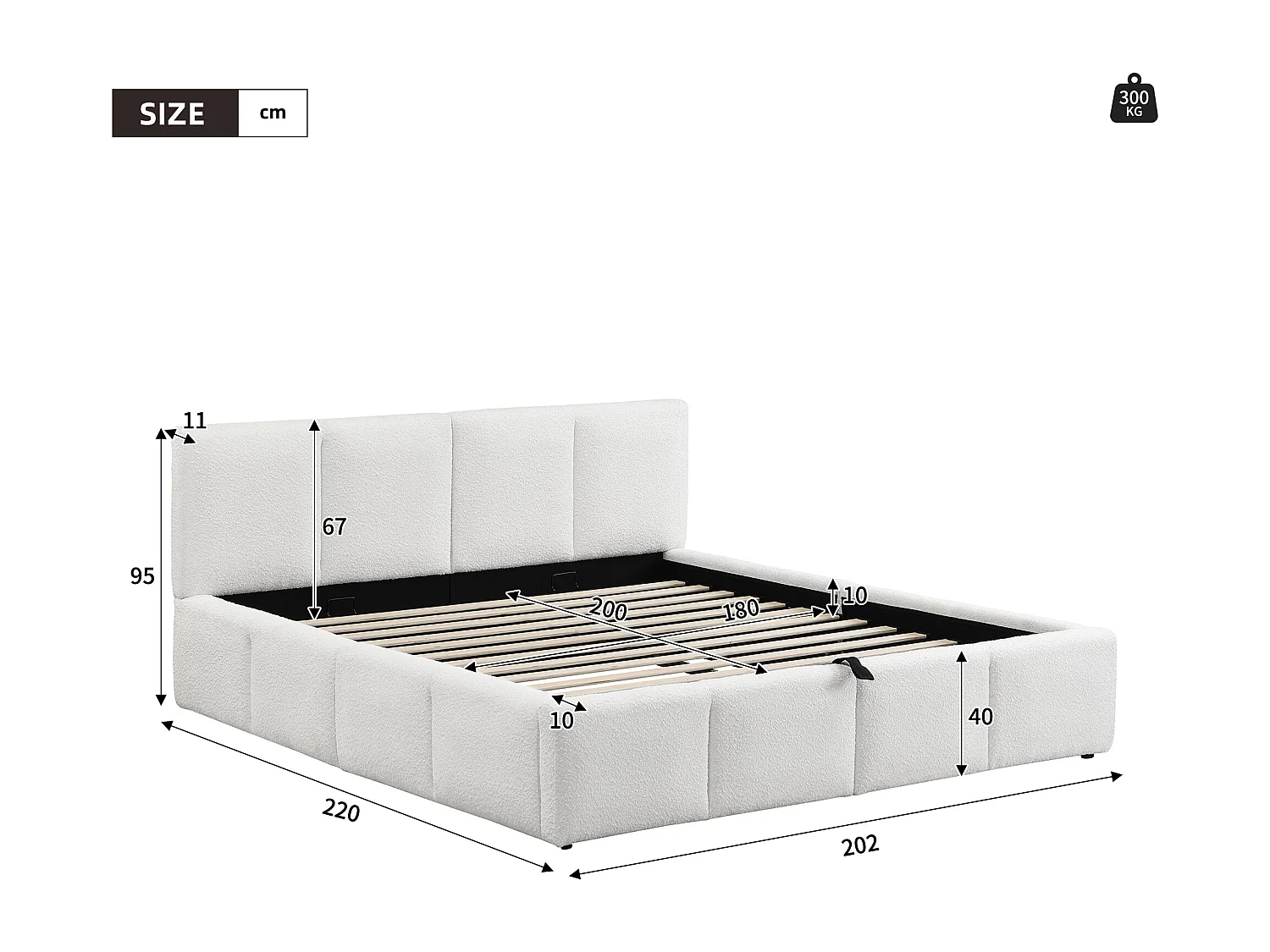 Lit coffre rembourré 180x200 cm - avec espace de rangement - Tissu bouclé - Beige (matelas non inclus)