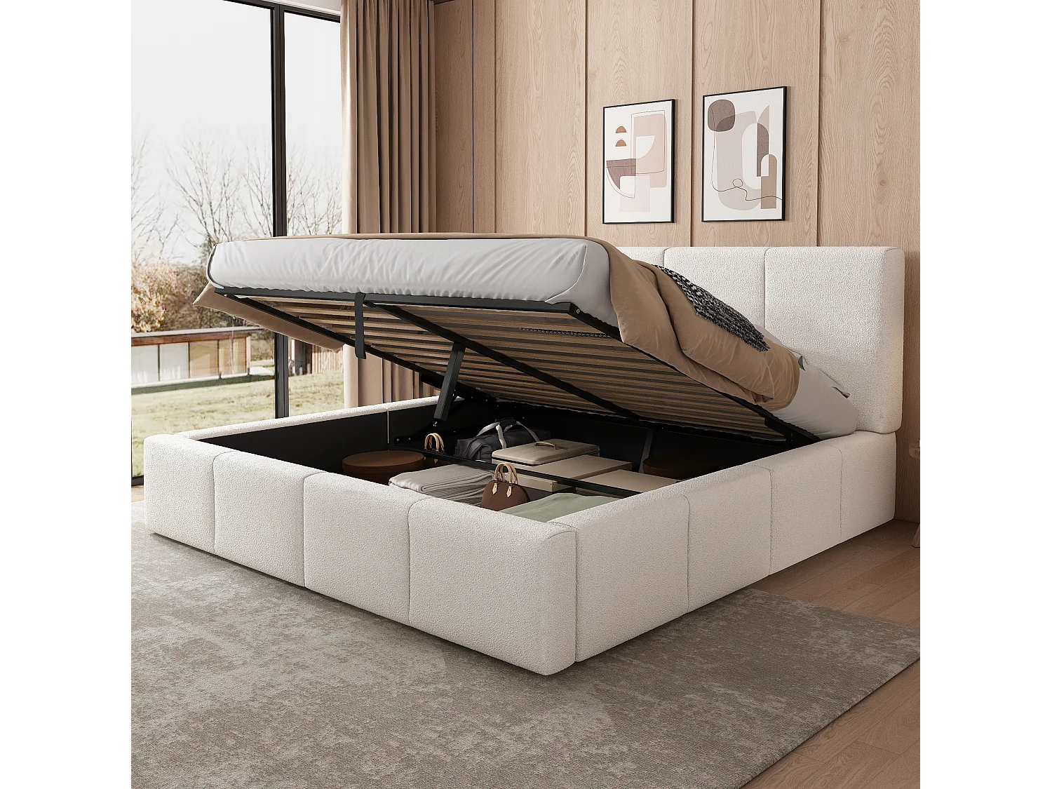 Gepolstertes Stauraumbett 180x200 cm - mit Stauraum - Bouclé-Stoff - Beige (Matratze nicht inbegriffen)