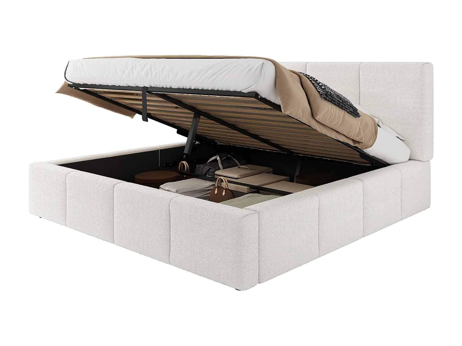 Gepolstertes Stauraumbett 180x200 cm - mit Stauraum - Bouclé-Stoff - Beige (Matratze nicht inbegriffen)