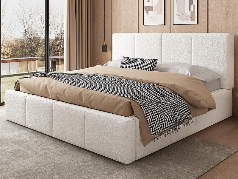 Lit coffre rembourré 180x200 cm - avec espace de rangement - Tissu bouclé - Beige (matelas non inclus)