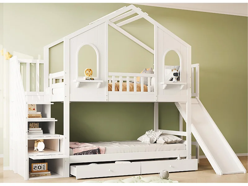 Lit superposé enfant 90x200 cm - Design maison - avec échelle de rangement + toboggan - avec 2 tiroirs - blanc (Matelas non inclus)