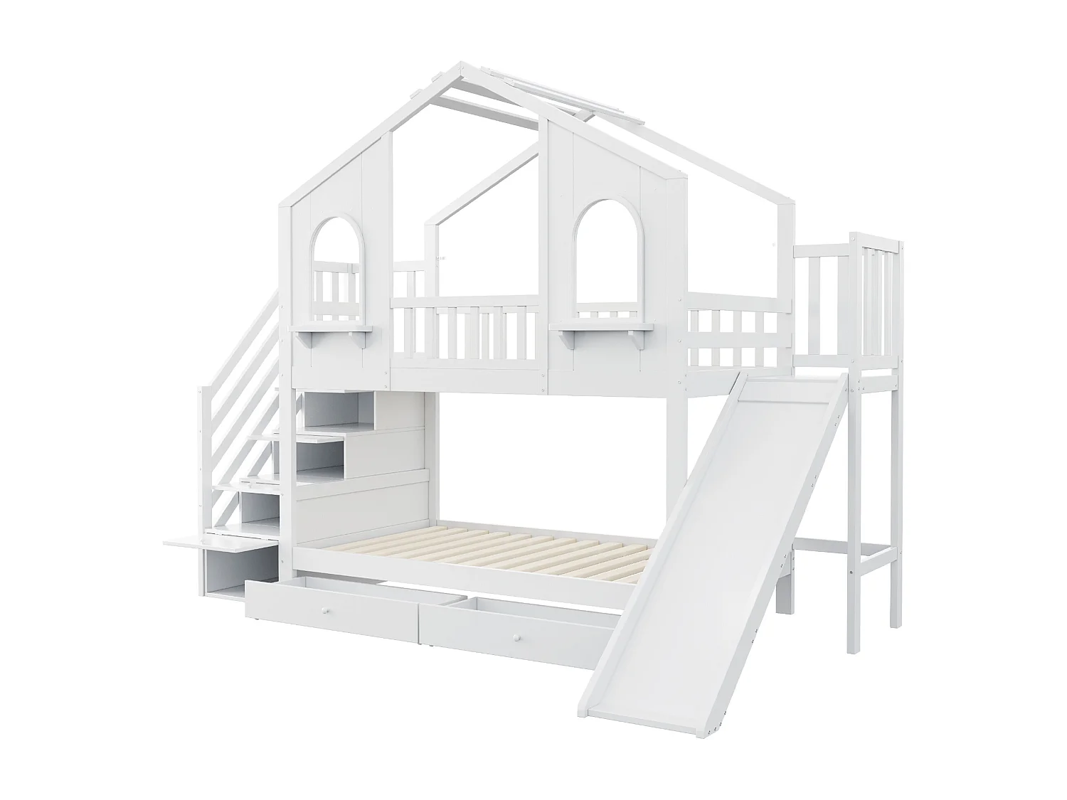 Lit superposé enfant 90x200 cm - Design maison - avec échelle de rangement + toboggan - avec 2 tiroirs - blanc (Matelas non inclus)