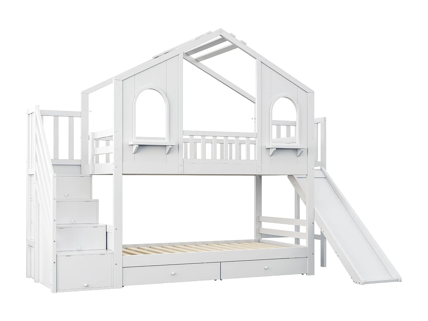 Lit superposé enfant 90x200 cm - Design maison - avec échelle de rangement + toboggan - avec 2 tiroirs - blanc (Matelas non inclus)