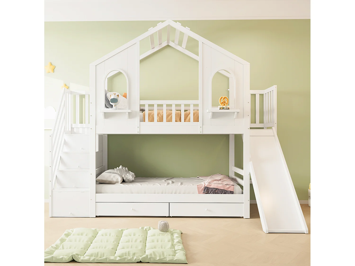 Letto a castello per bambini 90x200 cm - Design a casetta - con scala di riporre + scivolo - con 2 cassetti - bianco (materasso non incluso)