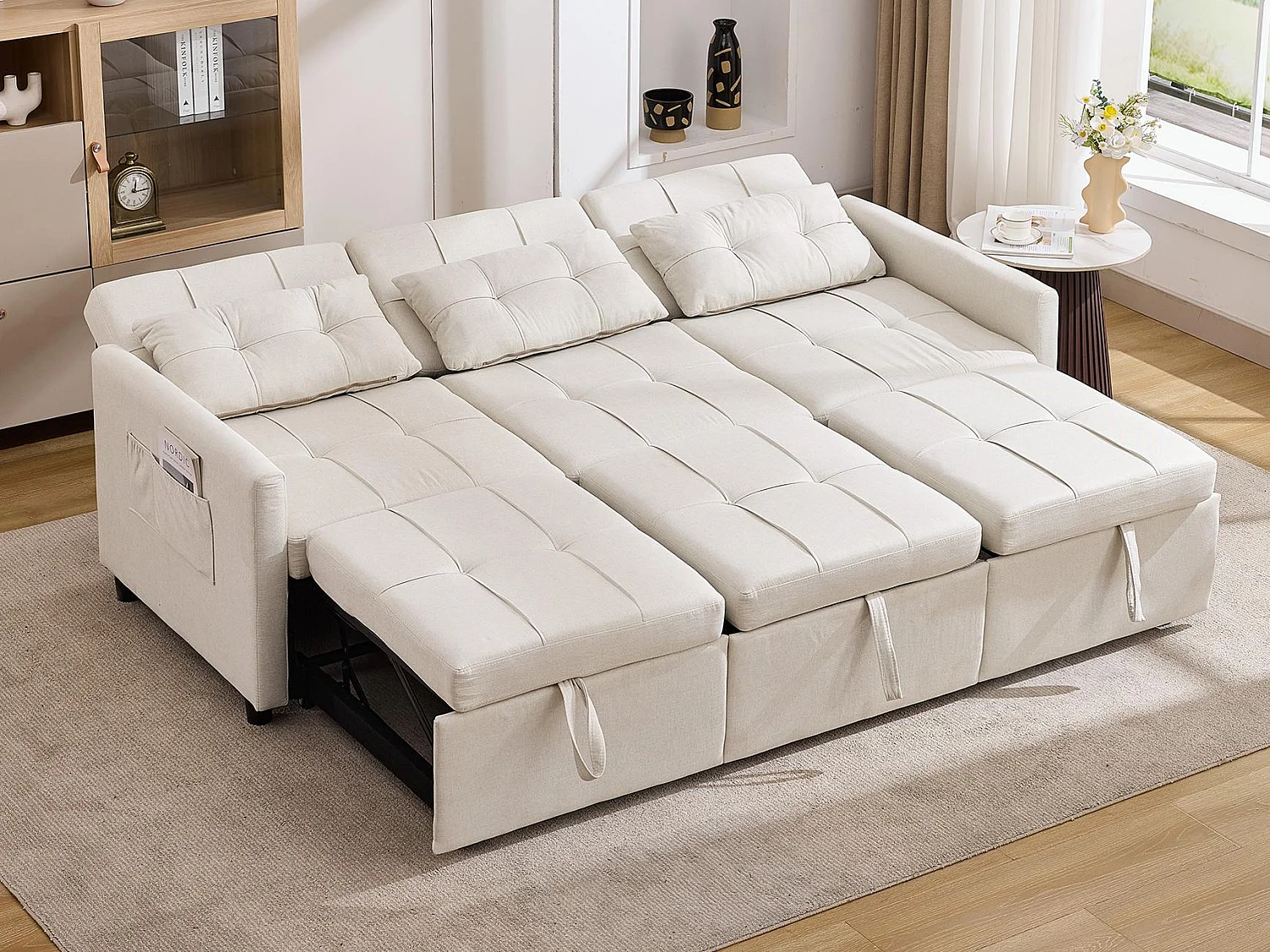 Canapé d'angle 3 places - Dossier réglable - Pliable pour un rangement - Mobile - Poches latérales - Beige