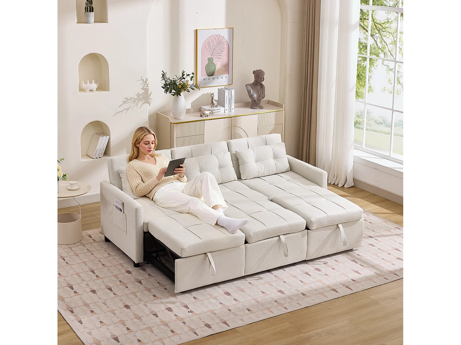 Canapé d'angle 3 places - Dossier réglable - Pliable pour un rangement - Mobile - Poches latérales - Beige