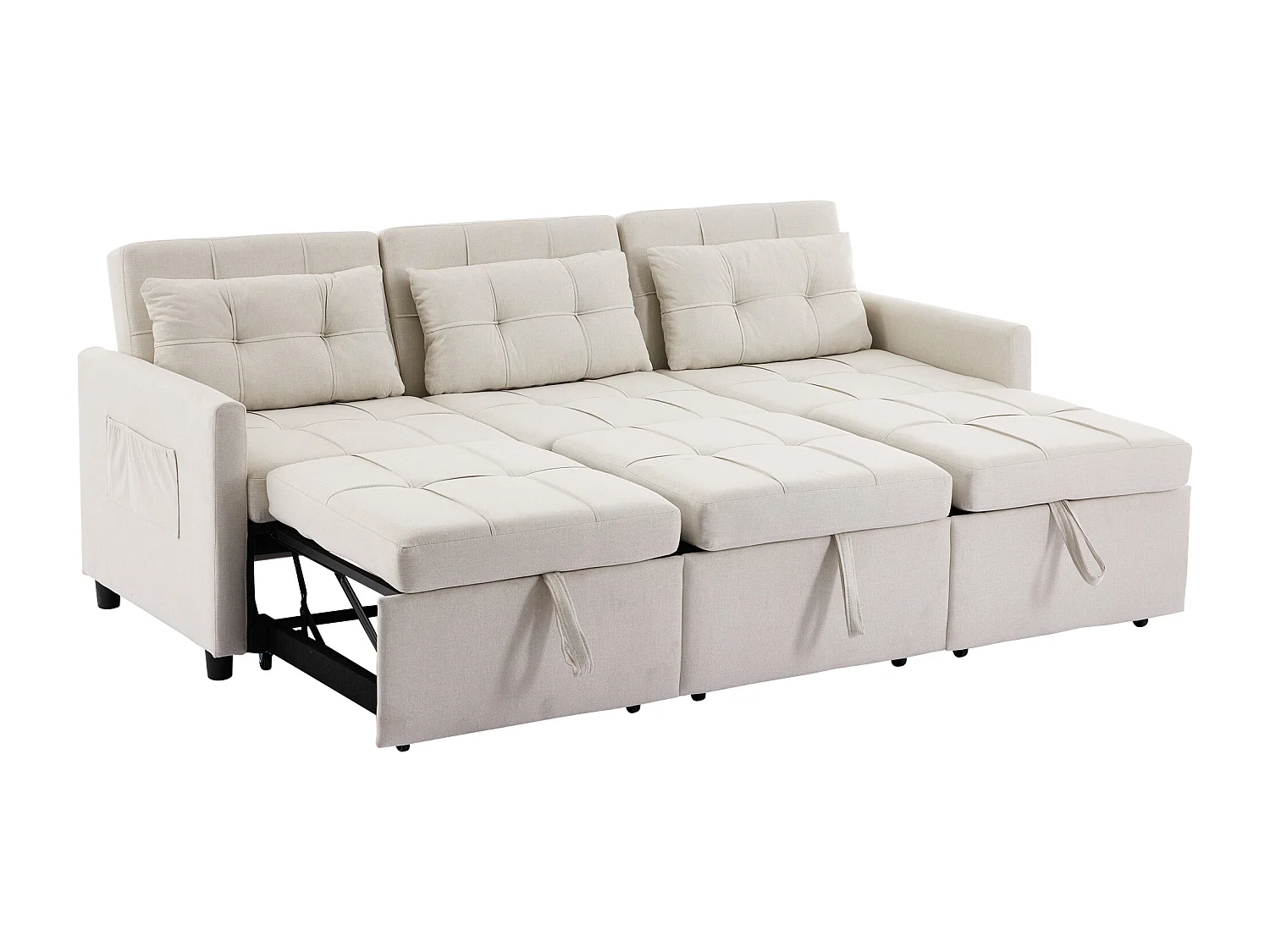 Canapé d'angle 3 places - Dossier réglable - Pliable pour un rangement - Mobile - Poches latérales - Beige