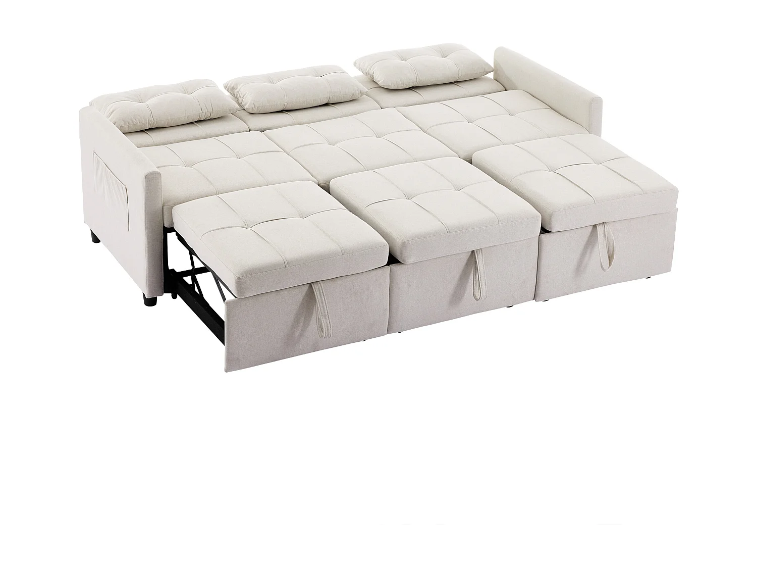 Canapé d'angle 3 places - Dossier réglable - Pliable pour un rangement - Mobile - Poches latérales - Beige