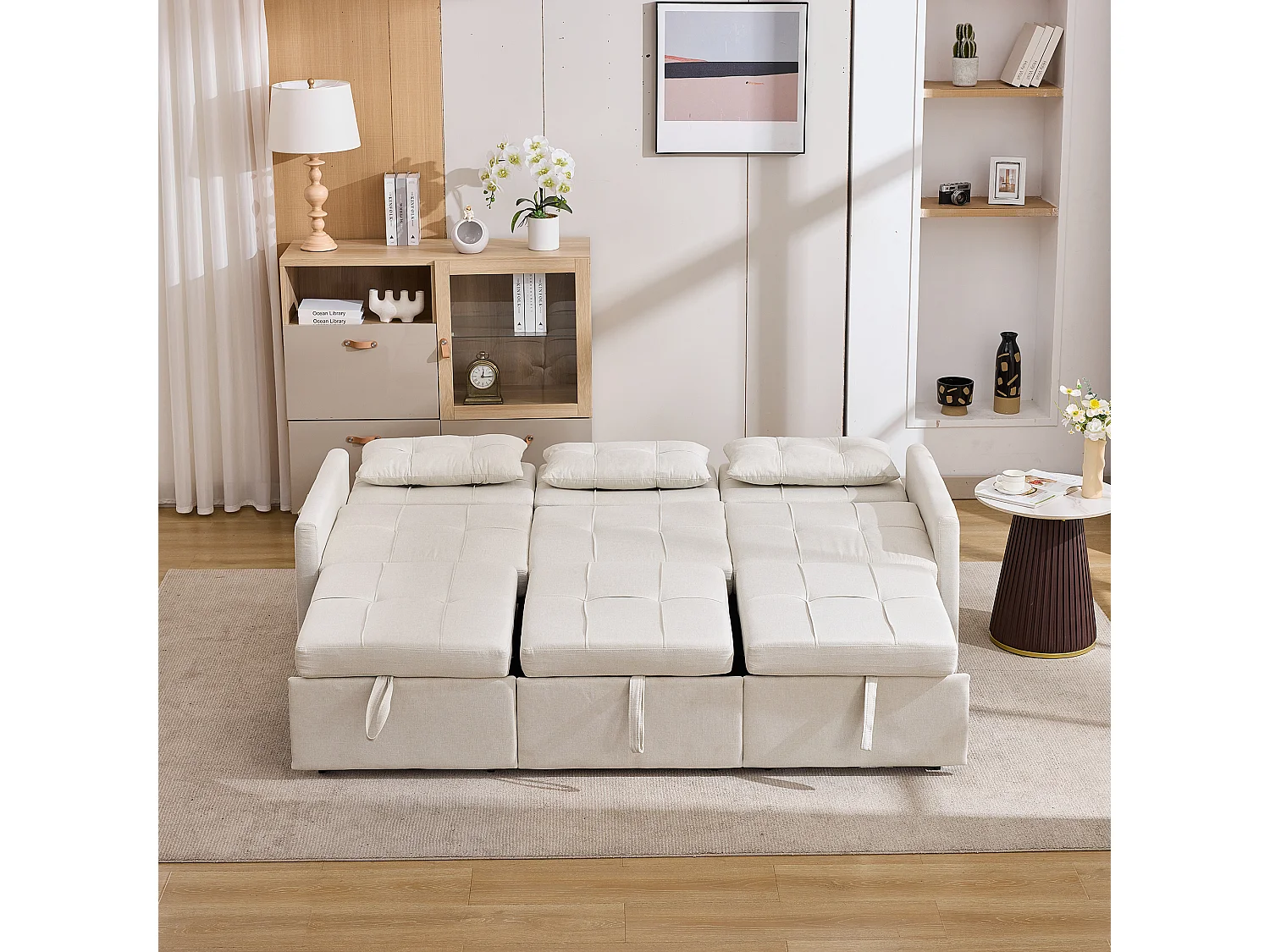 Canapé d'angle 3 places - Dossier réglable - Pliable pour un rangement - Mobile - Poches latérales - Beige