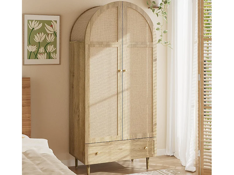 Armoire 79x50x175cm - 2 portes et 1 tiroir - Finition chêne - Pieds en bois - MDF - Naturel