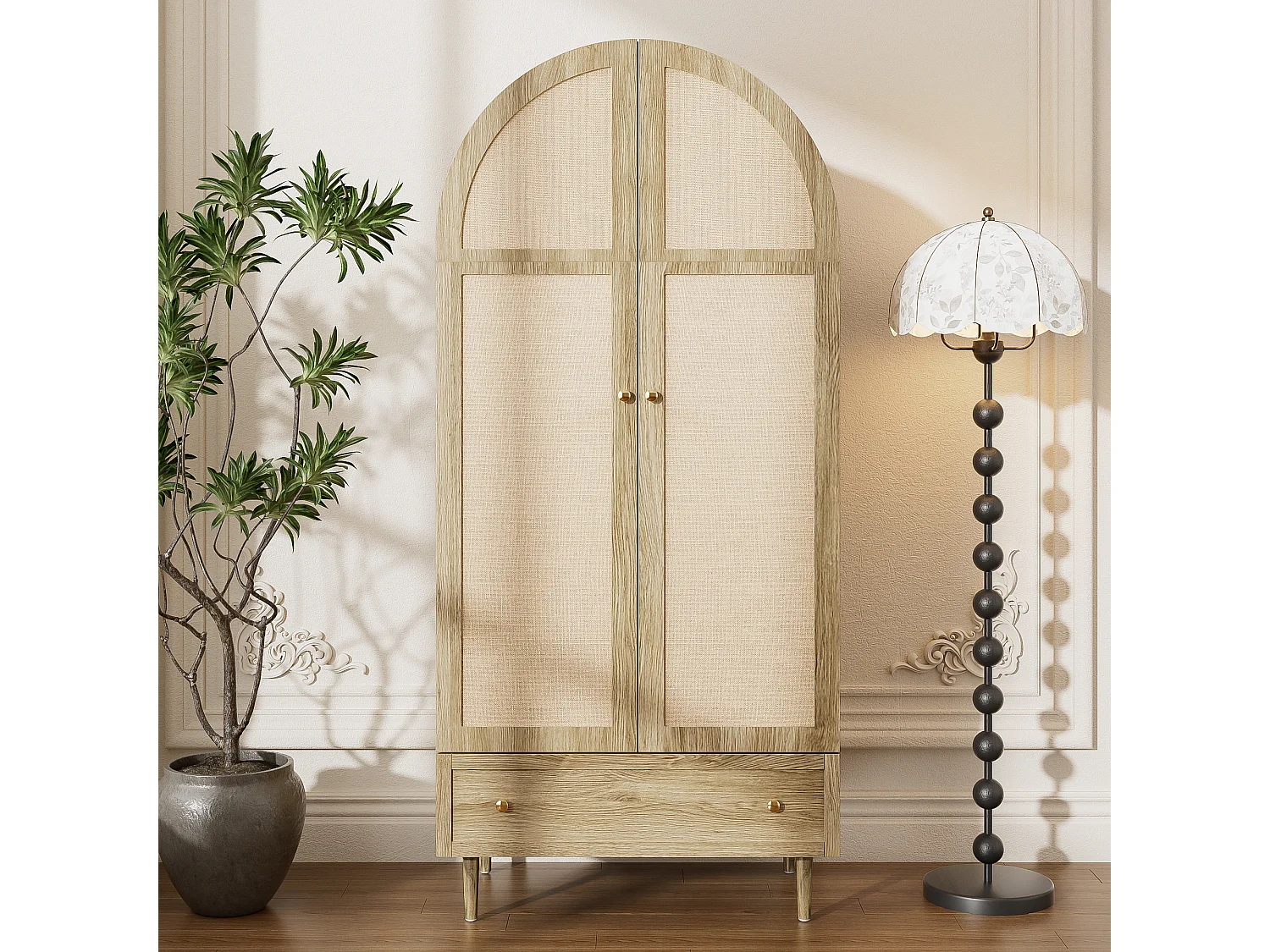 Armoire 79x50x175cm - 2 portes et 1 tiroir - Finition chêne - Pieds en bois - MDF - Naturel